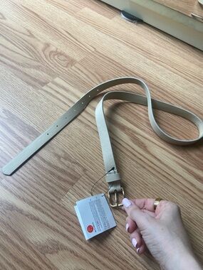 Beige Synthetic Leather Belt with Gold Buckle